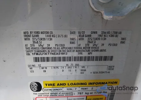 2022 Ford Expedition Limited z USA, uszkodzony, nr VIN 1FMJU1KT7NEA51913